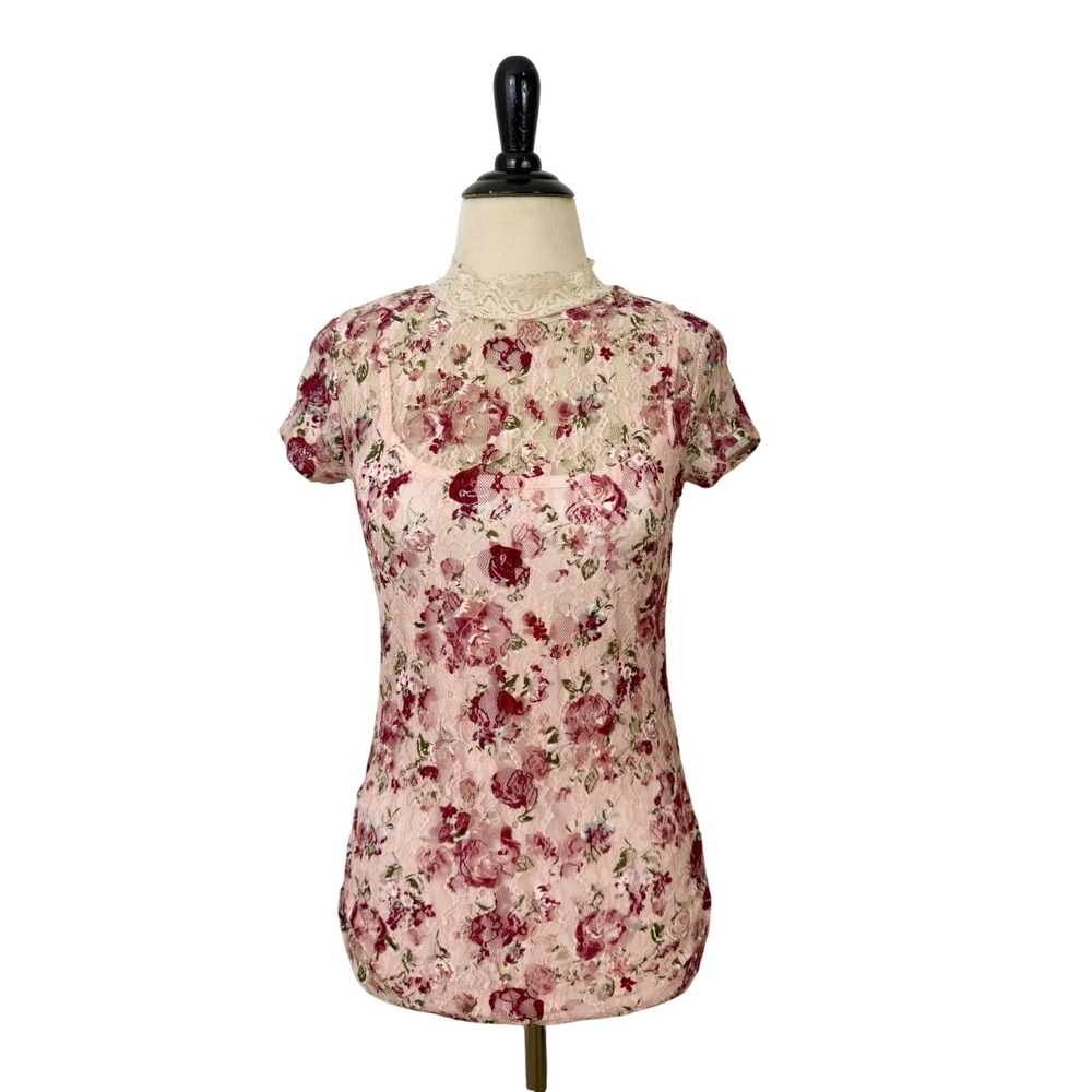 LACE Pink Mesh TOP Medium Rose Sheer Fairy Y2K Ruched Coquette Floral Feminine